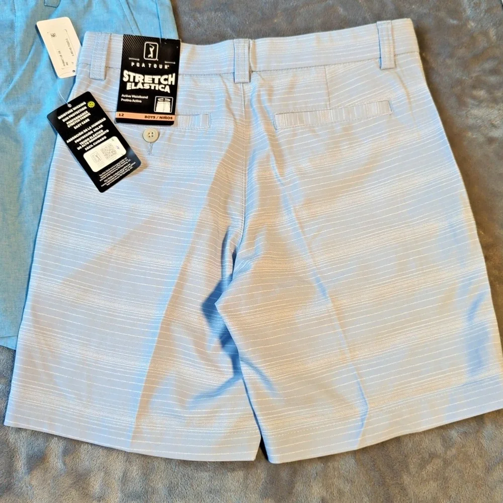 2 Boys PGA Tour Flat Front Golf Shorts Size 12, Blue & Stripe NEW MSRP $72
